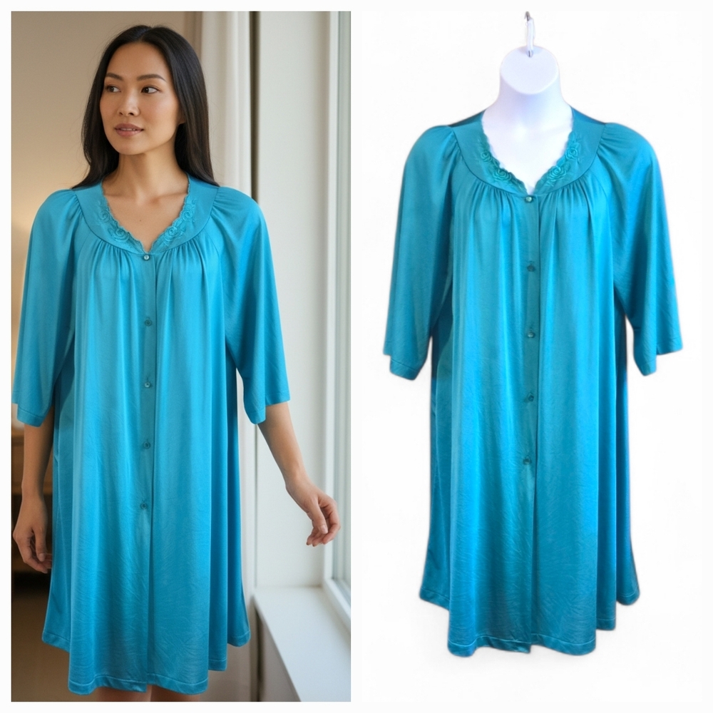 VTG Shadowline Nightgown Robe Teal Satin Embroidered Floral Trim Size 1X USA